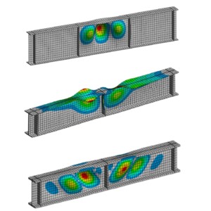 Kolme I-palkkien äärellisten elementtien analyysimallia, joissa jännitysjakauma on esitetty värisävyjen mukaan, punainen osoittaa suurta jännitystä ja sininen pientä jännitystä. Kussakin palkissa on erilaiset muodonmuutos- ja jännitysmallit.