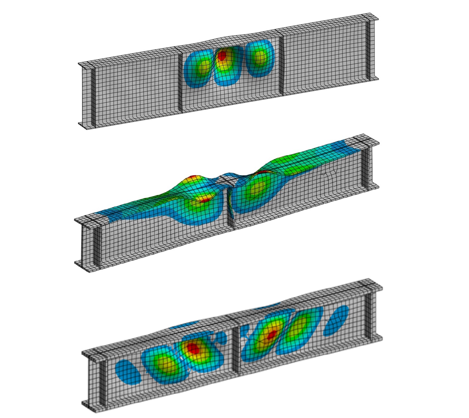 Kolme I-palkkien äärellisten elementtien analyysimallia, joissa jännitysjakauma on esitetty värisävyjen mukaan, punainen osoittaa suurta jännitystä ja sininen pientä jännitystä. Kussakin palkissa on erilaiset muodonmuutos- ja jännitysmallit.