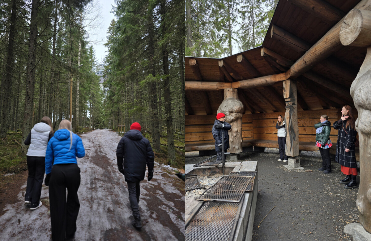 Vasemmalla: Kolme ihmistä kävelee mutaisella, lumipölyisellä metsäpolulla, jota ympäröivät korkeat puut. Oikealla: Neljä ihmistä seisoo puisen suojakatoksen alla, jossa on penkkejä ja grilli, niin ikään metsämaisemassa.