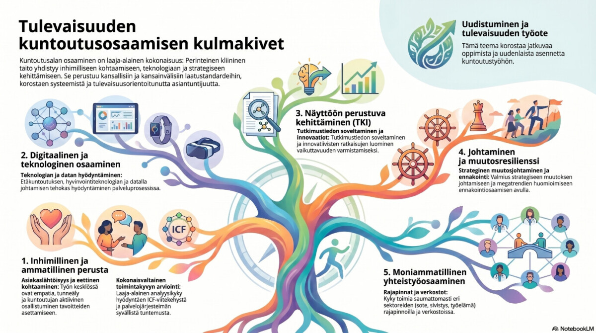 Tulevaisuuden kuntoutusosaamisen kulmakivet -niminen suomenkielinen infografiikka kuvaa tulevaisuuden kuntoutusosaamisen viittä pilaria, jotka on kuvattu värikkäinä oksina ja joissa on kuvakkeet ja lyhyet selitykset kullekin pilarille.
