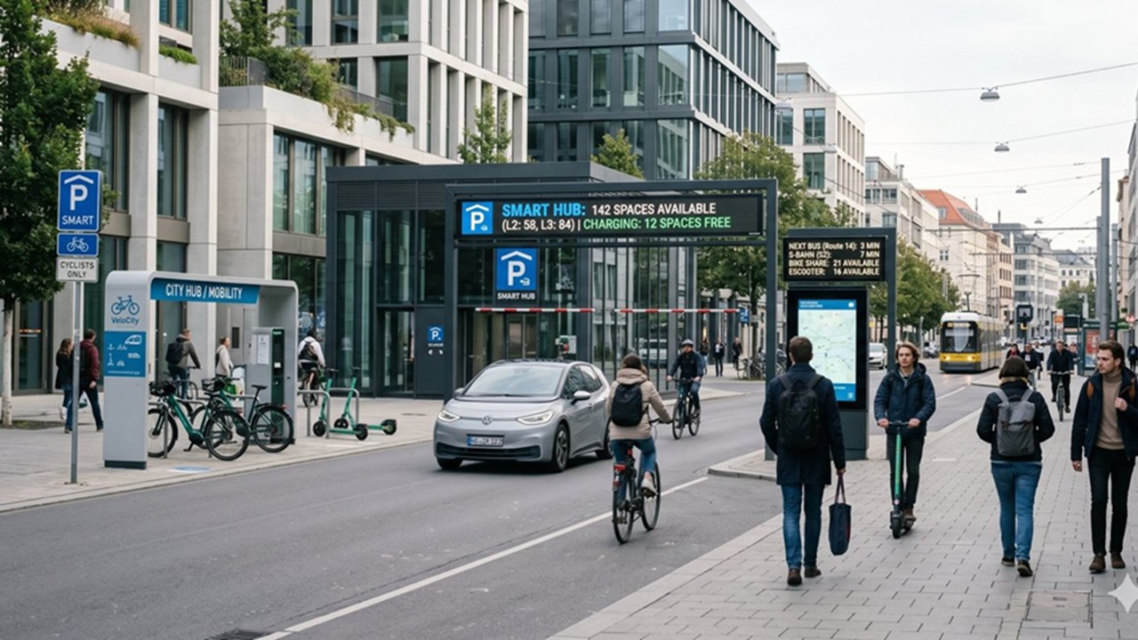 Kaupungin katukohtaus, jossa ihmiset kävelevät ja ajavat skoottereilla ja polkupyörillä. Autot ajavat ohi digitaalisista kylteistä, joissa näkyy pysäköinti- ja lataustilatietoja. Modernit rakennukset ja viherkasvit reunustavat katua.