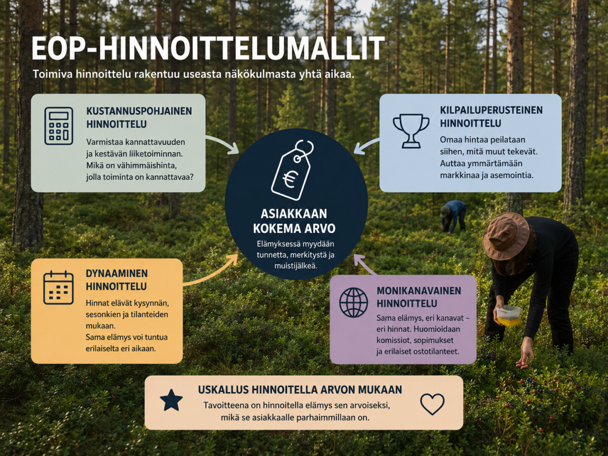 Suomalainen infograafi selittää EOP-hinnoittelumalleja metsätaustalla. Kuvakkeet ja tekstit kuvaavat kustannusperusteista, arvoperusteista, kilpailukykyistä, dynaamista ja monikanavaista hinnoittelua keskeisen asiakasarvon käsitteen ympärillä.