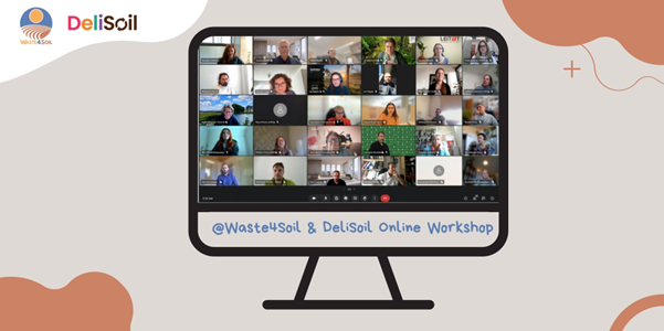Tietokoneen näytöllä näkyy virtuaalinen työpaja, jossa on useita osallistujien videosyötteitä. Tekstissä lukee @Waste4Soil & DeliSoil Online Workshop. DeliSoilin ja Waste4Soilin logot näkyvät kulmassa.