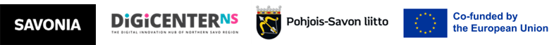 Neljän logon rivi: Savonia, DigiCenterNS, Pohjois-Savon liitto, jossa on kilpi, ja Euroopan unionin lippu, jossa on teksti "Co-funded by the European Union.".