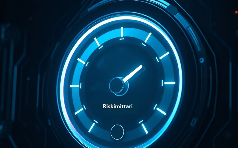 Hehkuva, futuristinen mittari Riskimittari näyttää nopeusmittaria muistuttavaa, hieman keskeltä oikealle osoittavaa neulaa tummalla, huipputeknisellä taustalla.
