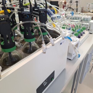 Laboratorioasetelma, jossa on lasipulloja, jotka on liitetty putkiin ja elektronisiin laitteisiin, todennäköisesti kemiallisia tai biologisia kokeita varten, ja joka on sijoitettu tiskipöydälle, jossa on digitaalisia säätimiä ja erilaisia pulloja taustalla.