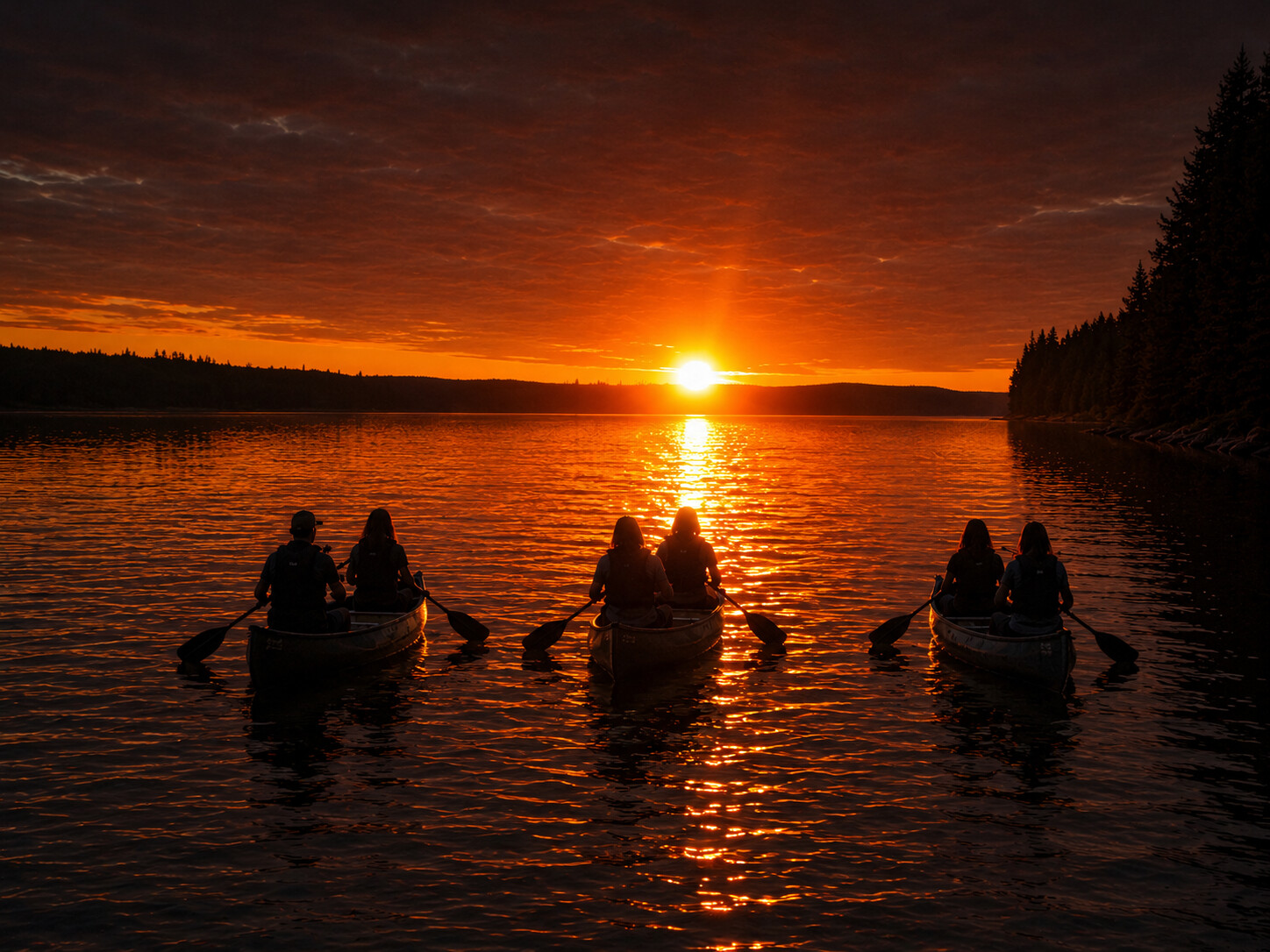 Neljä ihmistä kahdessa kanootissa meloo rauhallisella järvellä auringonlaskun aikaan, kun taivas hehkuu oranssina ja siluettipuut kehystävät maisemaa.