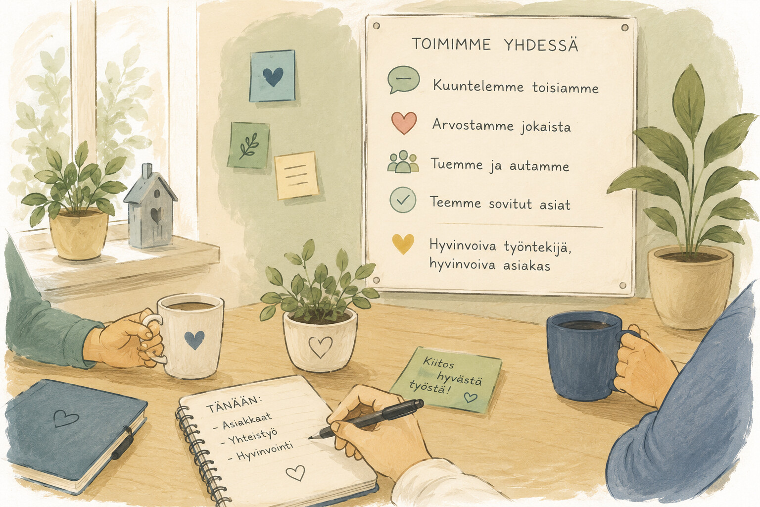 Kolme ihmistä istuu pöydän ääressä kahvimukien, muistikirjojen ja kasvien kanssa. Seinällä on kyltti, jossa luetellaan tiimityön arvoja suomeksi, kuten kuunteleminen, arvostus, tuki ja hyvinvointi.