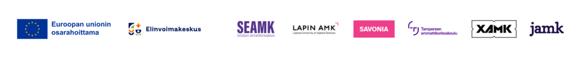 Valkoisella pohjalla rivi eri organisaatioiden logoja, muun muassa Euroopan unioni, ELY-keskus, SeAMK, Lapin AMK, Savonia, Jamk ja XAMK.
