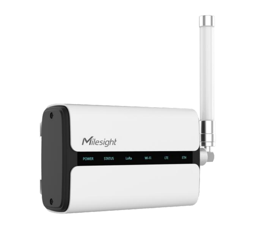 Valkoinen Milesight-laite, jossa on musta paneeli ja kuusi merkkivaloa, joissa on merkinnät Power (virta), Status (tila), LoRa, Wi-Fi, LTE ja ETH. Oikealla puolella on kiinnitetty pystysuora antenni.