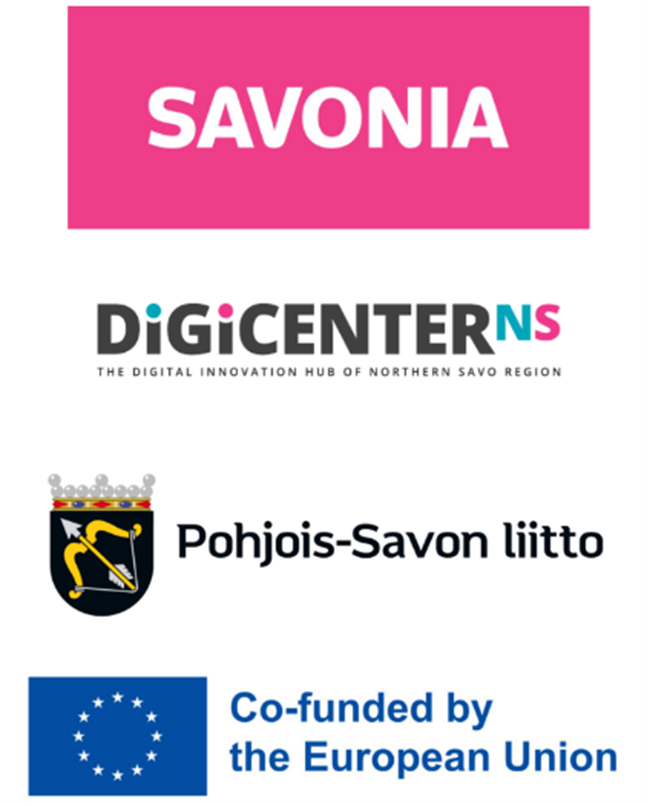 Savonian, DigiCenterNS:n, Pohjois-Savon liiton (vaakunalla) ja Euroopan unionin logot sekä valkoisella pohjalla teksti "Co-funded by the European Union".