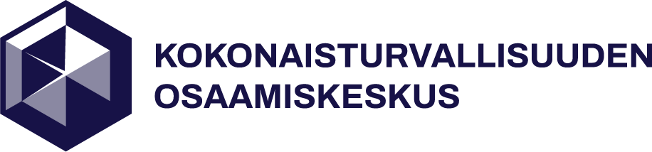 Tummansininen geometrinen kuusikulmainen logo tekstin vasemmalla puolella: KOKONAISTURVALLISUUDEN OSAAMISKESKUS lihavoituna, isoilla kirjaimilla, tummansinisillä kirjaimilla vaalealla taustalla.