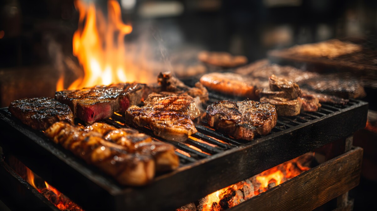 Useita lihapaloja, muun muassa pihvejä ja kyljyksiä, grillataan avotulella grillissä, ja metalliritilän alta näkyy liekkejä ja hehkuvia hiiliä.
