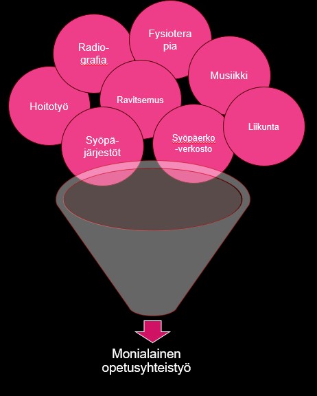 Kaavio, jossa vaaleanpunaiset ympyrät, joihin on merkitty eri tieteenaloja (esim. fysioterapia, musiikki), muodostavat kartion, jonka alaosassa on Monialainen opetusyhteistyö, mikä viittaa monialaiseen opetusyhteistyöhön.