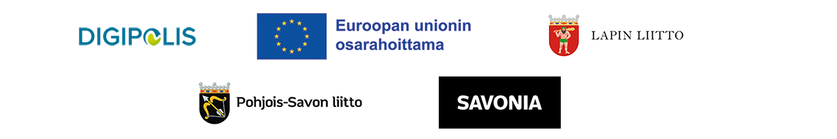 Digipolisin, Euroopan unionin, Lapin Liiton, Pohjois-Savon liiton ja Savonian logot, joissa on Lapin Liiton ja Pohjois-Savon liiton vaakunat sekä suomenkielinen teksti EU:n yhteisrahoituksesta.