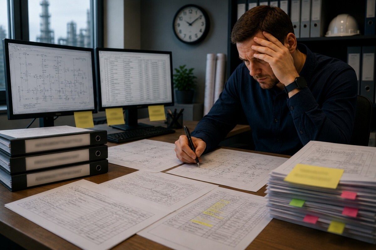Stressaantunut mies istuu työpöydän ääressä, joka on täynnä asiakirjoja, kansioita ja kahta tietokoneen näyttöä. Hän pitää toista kättään päänsä alla ja kirjoittaa papereille. Taustalla näkyy toimiston hyllyjä ja seinäkello.