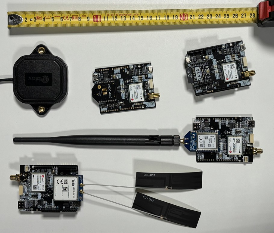 Ryhmä elektroniikkapiirilevyjä, kaksi USB-modeemia, GPS-moduuli ja antenni, jotka on sijoitettu valkoiselle alustalle, jonka yläreunassa on keltainen mittanauha.