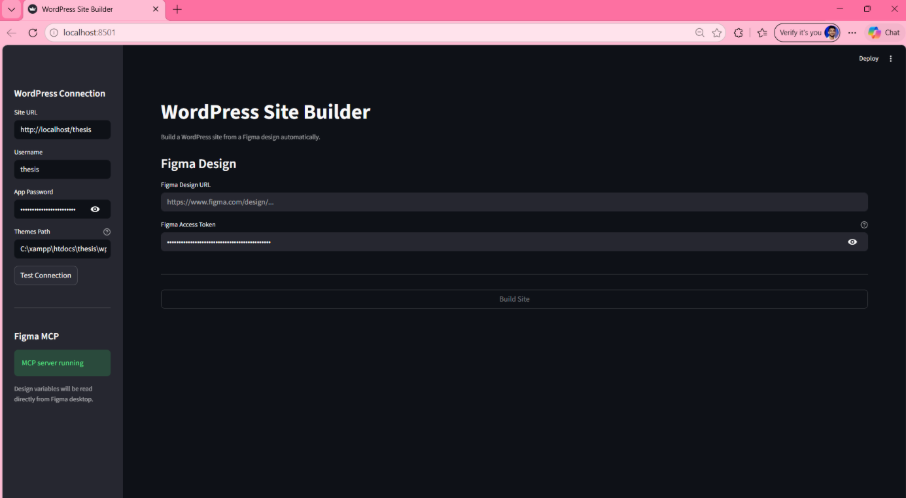 Kuvakaappaus WordPress Site Builder -käyttöliittymästä, jossa on Figma Design -osio Figma-suunnittelulinkin ja käyttöoikeustunnisteen syöttämistä varten sekä sivupalkki, jossa näkyvät WordPress-yhteysasetukset. 