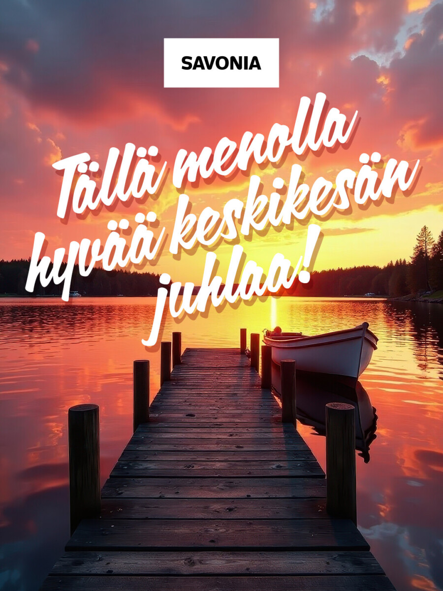 Puinen laituri ja soutuvene rauhallisella järvellä auringonlaskun aikaan, kun oranssi ja vaaleanpunainen taivas heijastuu veden pinnasta. Valkoinen teksti suomeksi kuuluu: ”Tällä menolla hyvää keskikesän juhlaa!” ja yläreunassa lukee ”Savonia”.
