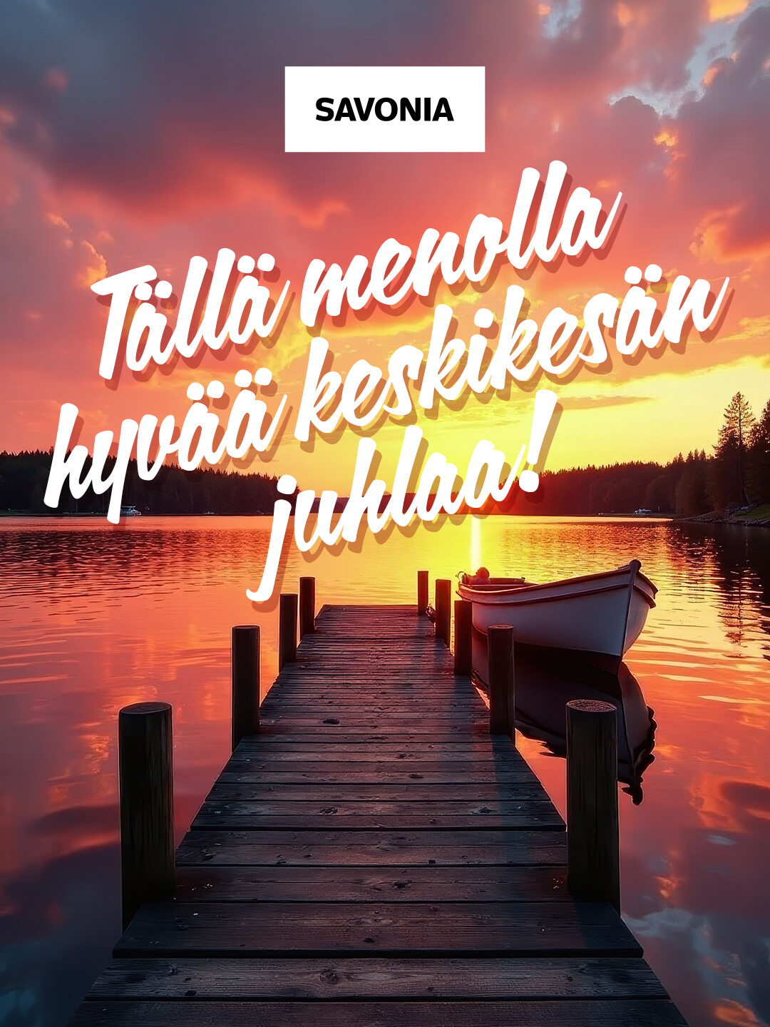 Puinen laituri ja soutuvene rauhallisella järvellä auringonlaskun aikaan, kun oranssi ja vaaleanpunainen taivas heijastuu veden pinnasta. Valkoinen teksti suomeksi kuuluu: ”Tällä menolla hyvää keskikesän juhlaa!” ja yläreunassa lukee ”Savonia”.