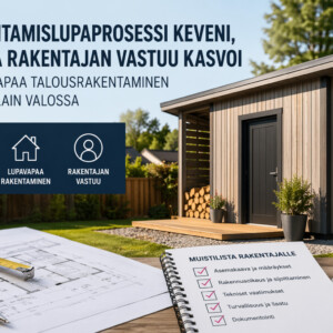 Tarkistuslista, rakennuskypärä ja rakennussuunnitelmat pöydällä ulkona, taustalla pieni moderni puuvarasto. Suomenkielinen teksti käsittelee rakennuslupaprosessien muutoksia ja rakentajan lisääntynyttä vastuuta.