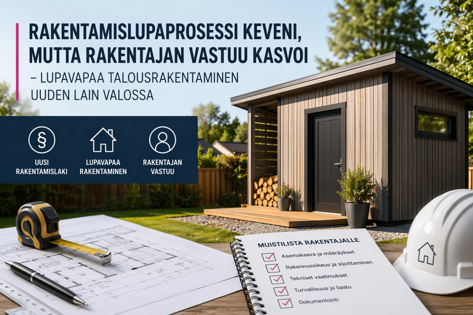 Tarkistuslista, rakennuskypärä ja rakennussuunnitelmat pöydällä ulkona, taustalla pieni moderni puuvarasto. Suomenkielinen teksti käsittelee rakennuslupaprosessien muutoksia ja rakentajan lisääntynyttä vastuuta.