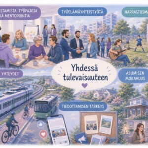 Kollaasityyppinen kuvitus esittää eri-ikäisiä ihmisiä työskentelemässä, seurustelemassa ja harrastamassa erilaisissa sisä- ja ulkotiloissa, ja suomenkielisessä tekstissä korostetaan teemoja kuten yhteisöllisyys, työ ja mukava elämä.