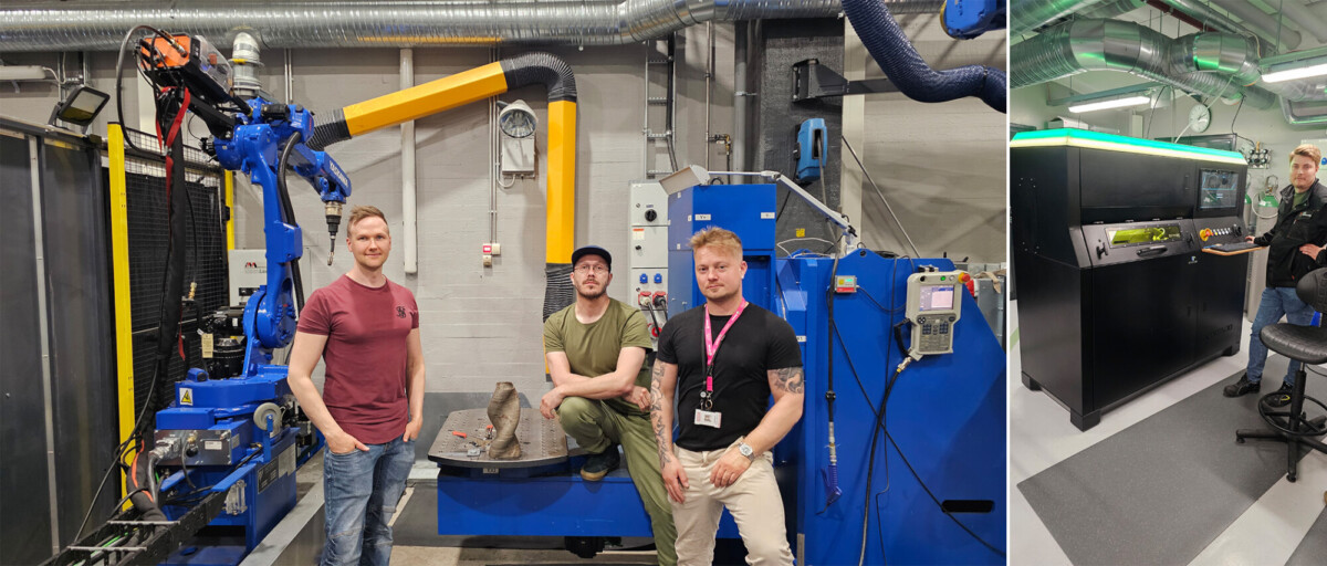 Kaksiosainen kuva: Vasemmalla kolme miestä seisoo teollisuusrobotiikkalaitteiden vieressä. Oikealla henkilö esittelee metallitulostinta.