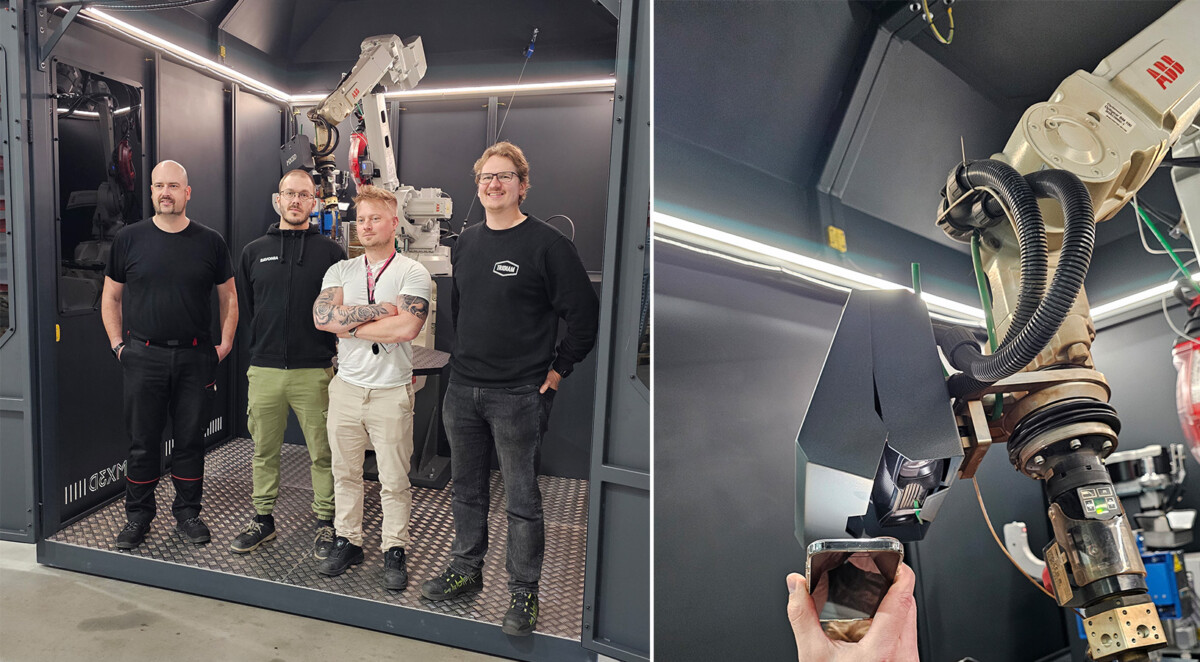 Neljä henkilöä seisoo robottikäden edessä korkean teknologian teollisuusympäristössä; oikealla olevassa lähikuvassa näkyy robottikädessä kiinni oleva 3D-kamera.