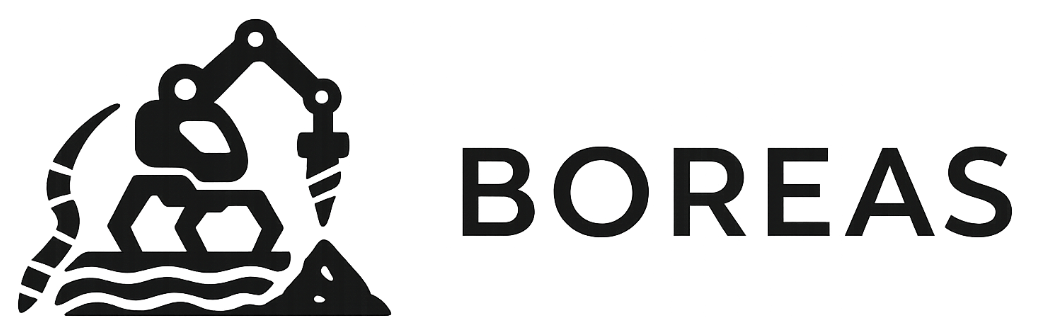 Musta logo, jossa tyylitelty robottivarsi poraa kumpua; sen yläpuolella on aaltoilevia viivoja, jotka viittaavat veteen tai maaperään. Sana BOREAS on kirjoitettu lihavoiduilla isoilla kirjaimilla kuvan oikealla puolella.