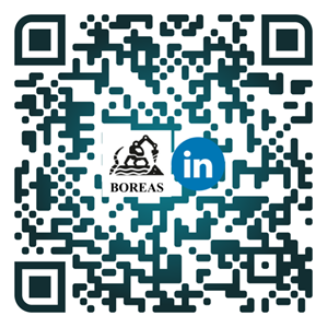 QR-koodi, jossa on Boreas-logo, kaivinkone ja LinkedIn-kuvake ja joka ohjaa Boreasin LinkedIn-sivulle.
