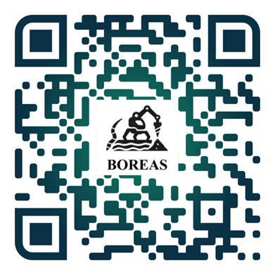 QR-koodi, jonka keskellä on aaltojen päällä oleva mekaanisen käden logo ja sana BOREAS.