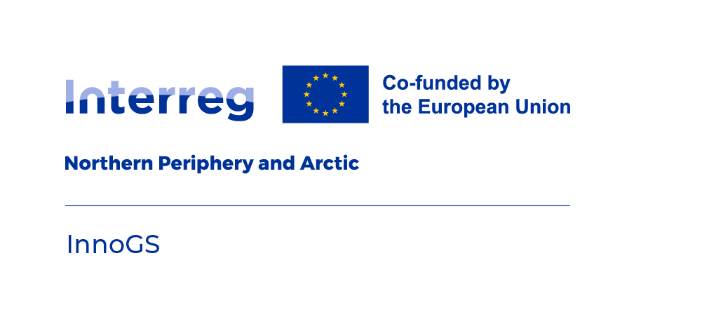 Logo, jossa on Interreg- ja EU-liput sekä teksti ”Euroopan unionin osarahoittama”. Alla on teksti ”Northern Periphery and Arctic” ja ”InnoGS” vaaleanharmaalla taustalla.