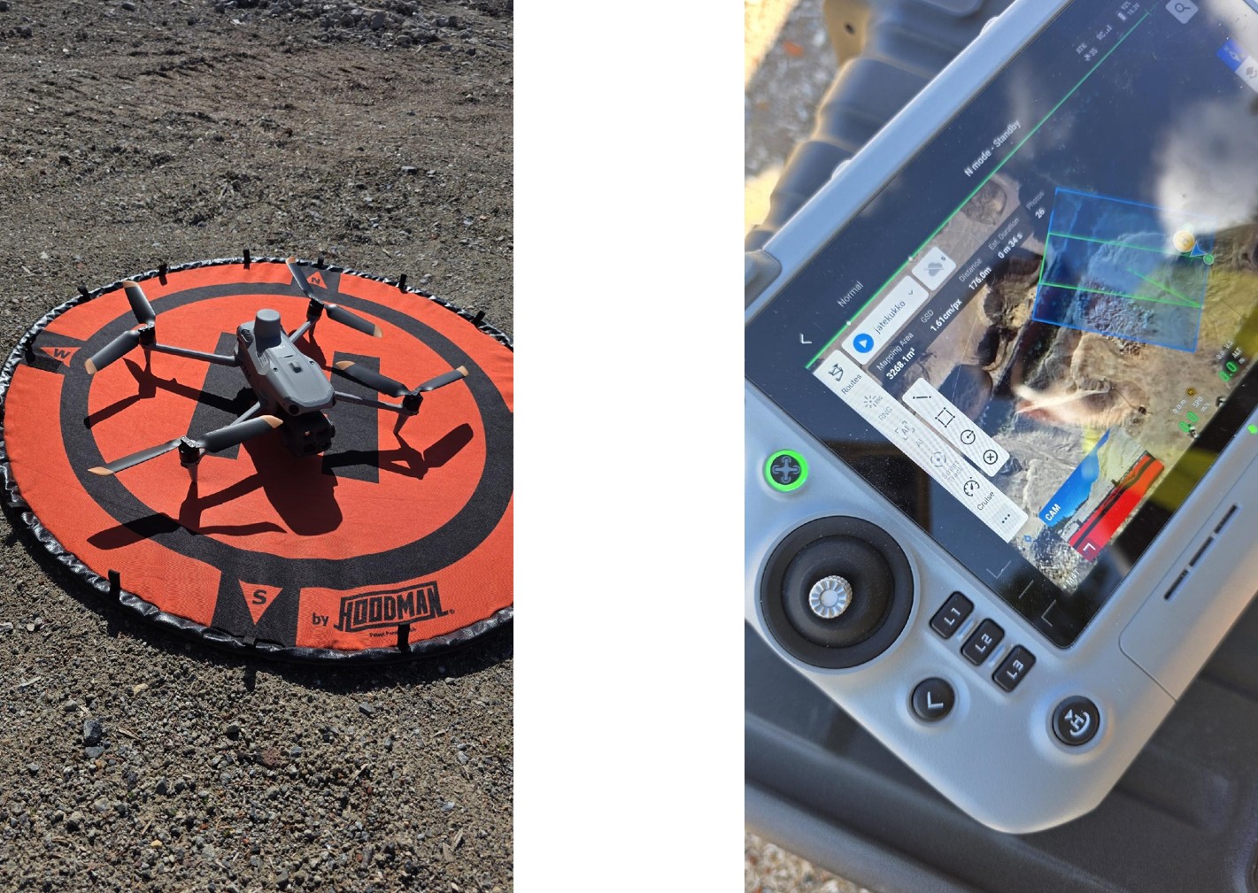 Harmaa drone seisoo ulkona oranssilla laskeutumisalustalla. Sen vieressä näkyy lähikuva dronen ohjauslaitteen näytöstä, jolla näkyy kameran reaaliaikainen kuva ja lentotiedot.