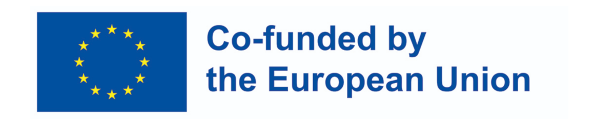 Euroopan unionin lippu, jossa on ympyrään järjestettyjä keltaisia tähtiä, sekä teksti ”Co-funded by the European Union” sinisellä valkoisella taustalla.