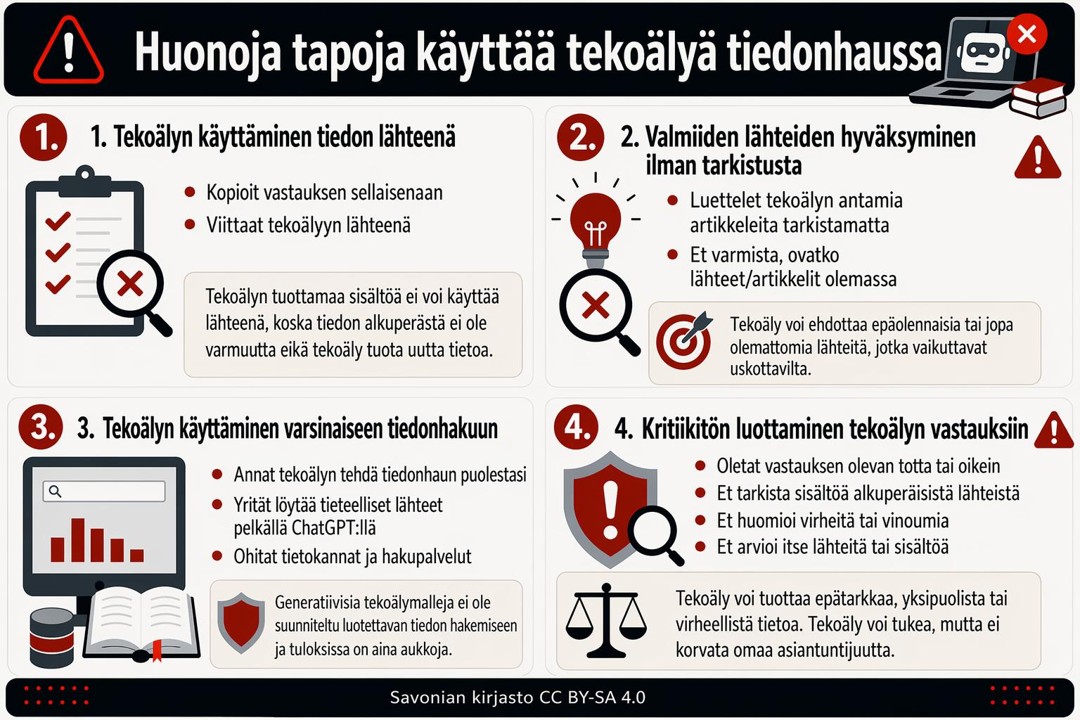Suomenkielisessä infografiikassa luetellaan huonoja tapoja käyttää tekoälyä tiedonhakuun, kuten vahvistamattoman tekstin kopioiminen, lähteiden hyväksyminen tarkistamatta, pelkästään tekoälyyn luottaminen sekä epäluotettavien tai väärennettyjen lähteiden käyttö.