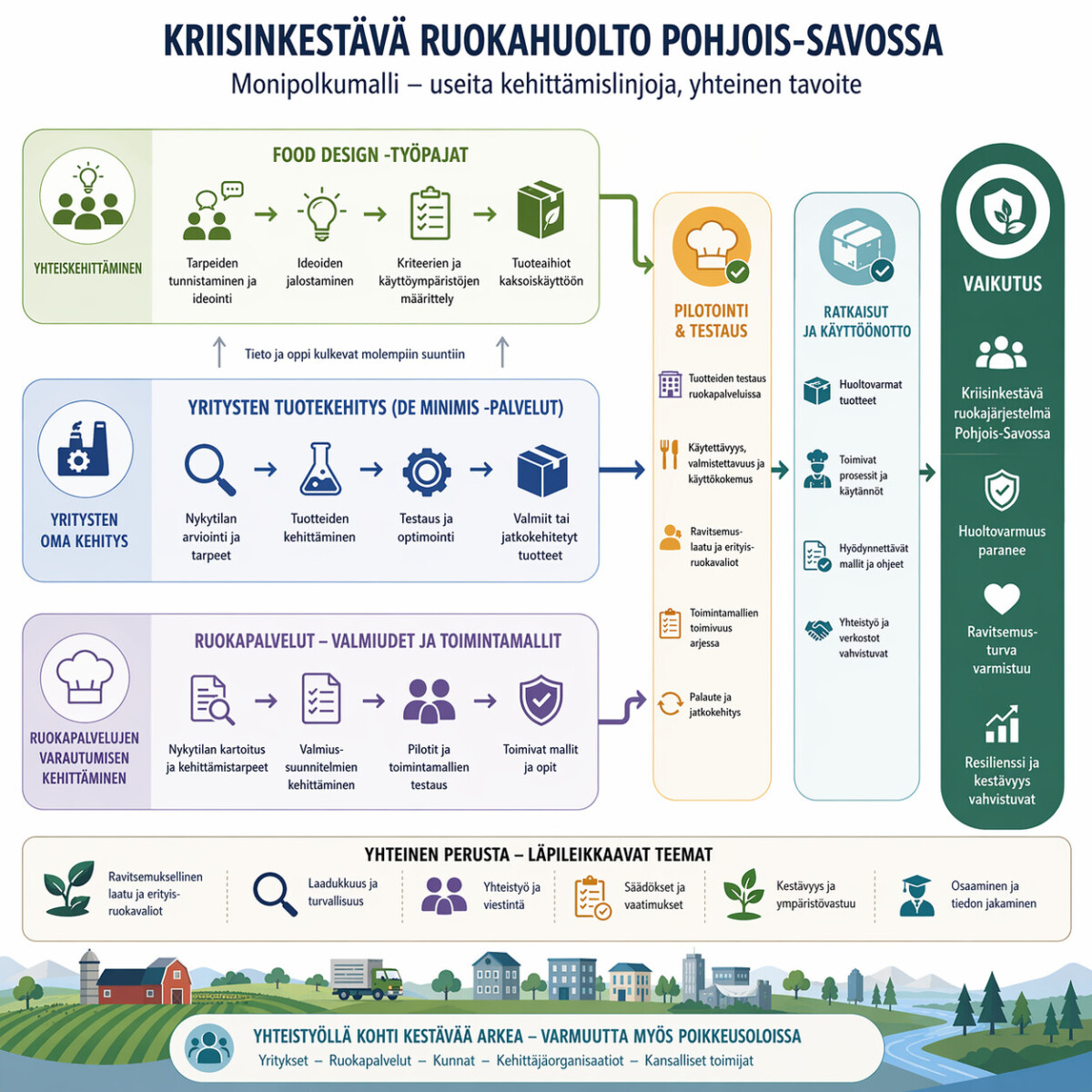 Infograafi, joka havainnollistaa Pohjois-Savon kestävää elintarvikeketjua ja esittelee vaiheet elintarvikkeiden suunnittelusta ja pilotoinnista kestävään vaikutukseen. Infograafissa on kuvakkeita, vuokaavioita ja suomenkielistä tekstiä.