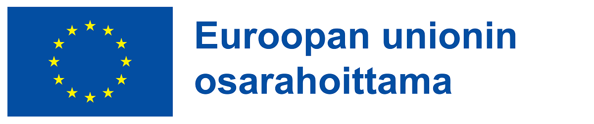 EU:n lippu, jossa on keltaisia tähtiä sinisellä taustalla, ja sen vieressä suomenkielinen teksti ”Euroopan unionin osarahoittama”, joka tarkoittaa ”Euroopan unionin osarahoittama”.