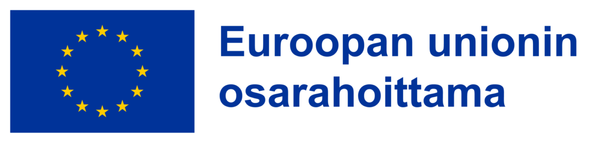 EU:n lippu, jossa on 12 keltaista tähteä ympyrässä sinisellä taustalla, ja sen vieressä suomenkielinen teksti ”Euroopan unionin osarahoittama”, joka tarkoittaa ”Euroopan unionin osarahoittama”.