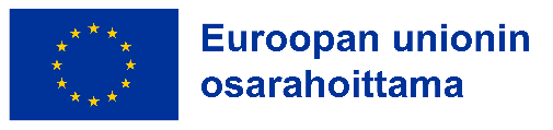 Euroopan unionin lippu, jossa on 12 keltaista tähteä ympyrässä sinisellä taustalla, ja sen vieressä suomenkielinen teksti ”Euroopan unionin osarahoittama”.