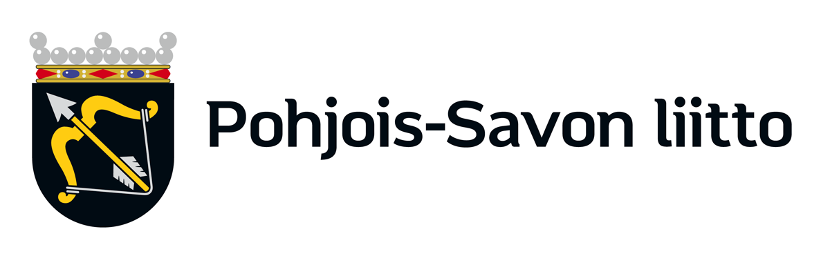 Logossa on musta kilpi, jossa on keltainen jousi ja nuoli, ja sen yläpuolella hopeinen kruunu. Kilven vieressä lukee mustalla tekstillä ”Pohjois-Savon liitto”.