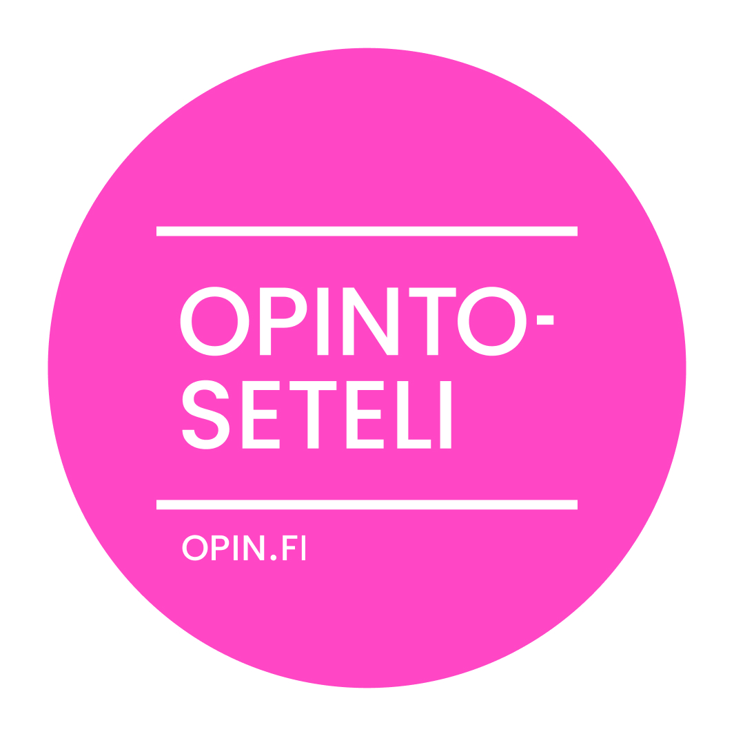 Kirkkaan vaaleanpunainen ympyrä, jonka keskellä on valkoisella tekstillä teksti ”OPINTOSETELI” ja alaosassa ”OPIN.FI”, ja joita erottaa toisistaan kaksi vaakasuoraa valkoista viivaa.
