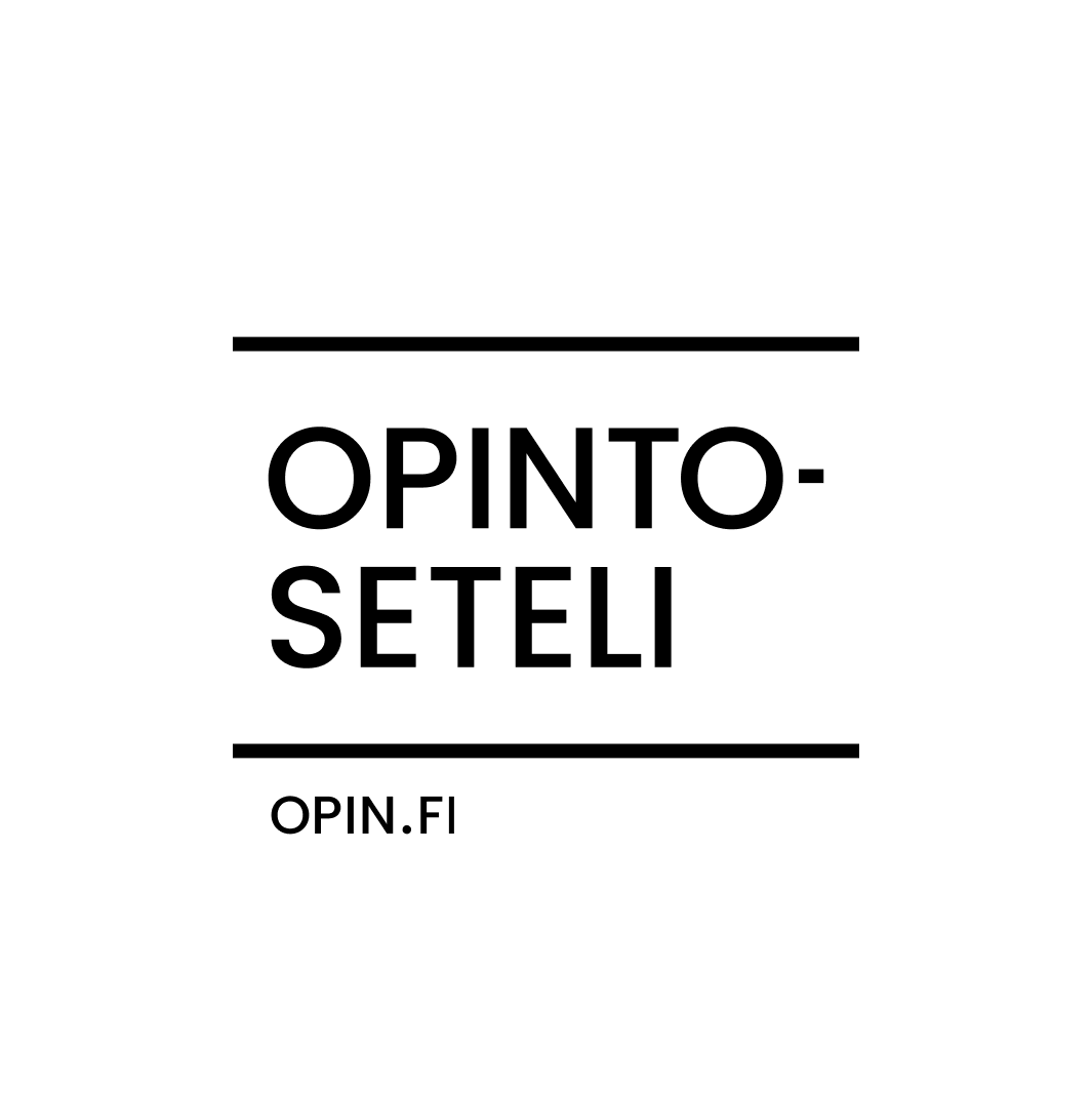 Valkoisessa ympyrässä on mustalla tekstillä kirjoitettu ”OPINTOSETELI” suurilla kirjaimilla ja ”OPIN.FI” pienillä kirjaimilla; tekstiä erottavat vaakasuorat mustat viivat päätekstin ylä- ja alapuolella.