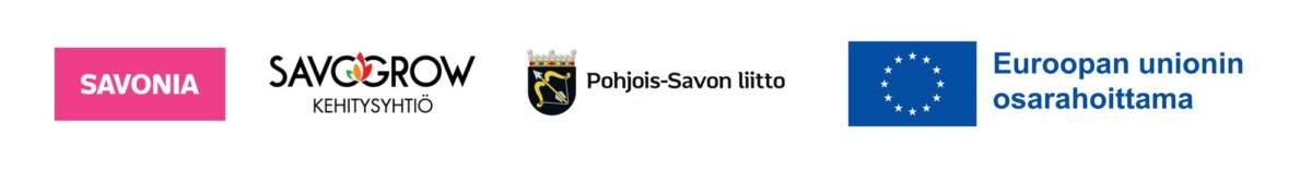 Savonian, SavoGrow’n, Pohjois-Savon Liiton ja Euroopan unionin logot, joissa on suomenkielistä tekstiä, on sijoitettu peräkkäin valkoisella taustalla.