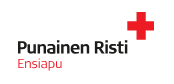 Valkoisella taustalla oleva punainen risti -symboli, jonka yläpuolella on mustalla kirjoitettu teksti ”Punainen Risti” ja punaisella teksti ”Ensiapu”.