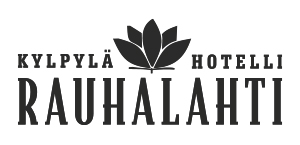 Musta logo, jossa on tyylitelty lootuskukka suominkielisen tekstin ”KYLPYLÄ HOTELLI RAUHALAHTI” yläpuolella lihavoiduilla isoilla kirjaimilla.