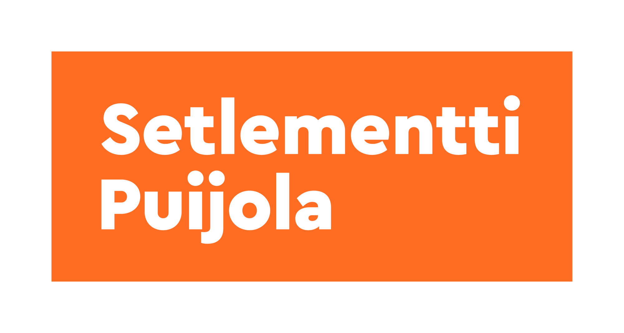 Oranssissa suorakulmiossa, jonka taustana on vaaleanharmaa, on valkoisella tekstillä teksti ”Setlementti Puijola”.