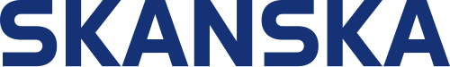 Kuvassa näkyy SKANSKA-logo lihavoituina, sinisinä isoin kirjaimin vaalealla taustalla.