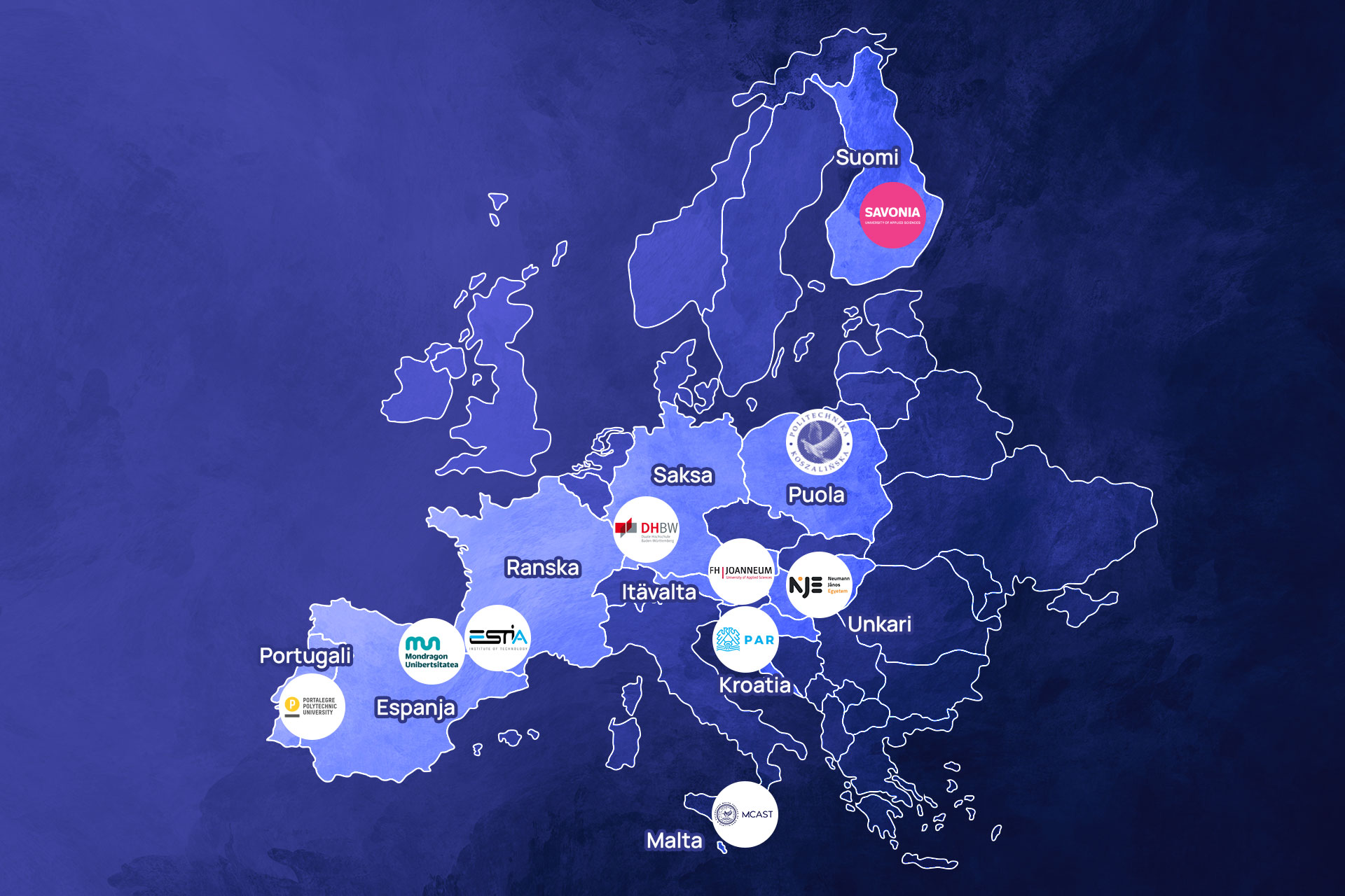 Tummansinisellä Euroopan kartalla on korostettu useita maita, joihin on sijoitettu logoja, jotka yhdistävät ne koulutus- tai organisaatioihin. Suomen alue on merkitty vaaleanpunaisella tekstillä SAVONIA.