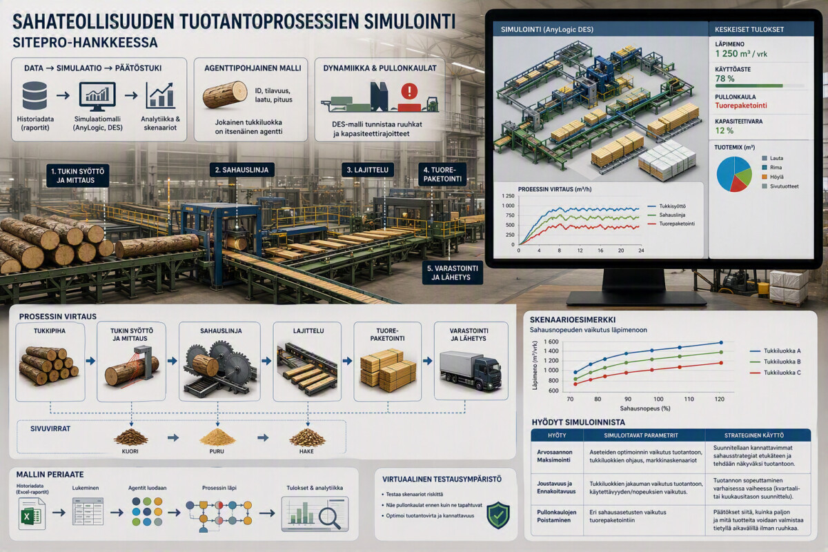 Suomenkielinen infografiikka, joka esittelee sahalaitoksen tuotantoprosessin simuloinnin, mukaan lukien kaaviot puunjalostusvaiheista, tietojen analysoinnista, laitteista, vuokaavioista, keskeisistä tuloksista, simuloinnin eduista sekä tehokkuuden parantumista kuvaavista kaavioista.